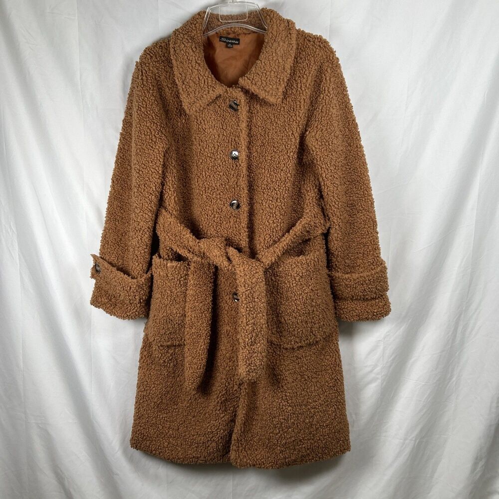 Shinestar Teddy Robe Coat Women’s Size Small Caramel Brown Belted Button Collar